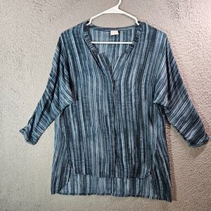 Poetry 100% Silk Top Blouse Women Size 6 Button Up Blue White‎ Striped